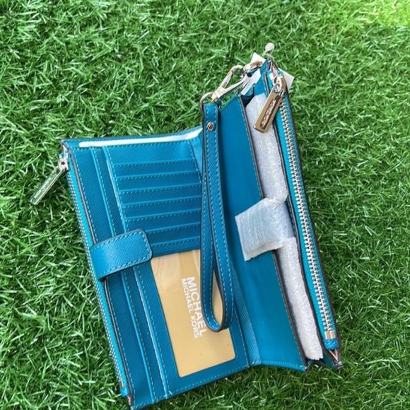 Michael Kors Large Double Zip Leather Wallet Wristlet Phone Case Lagoon - Picture 7 of 16